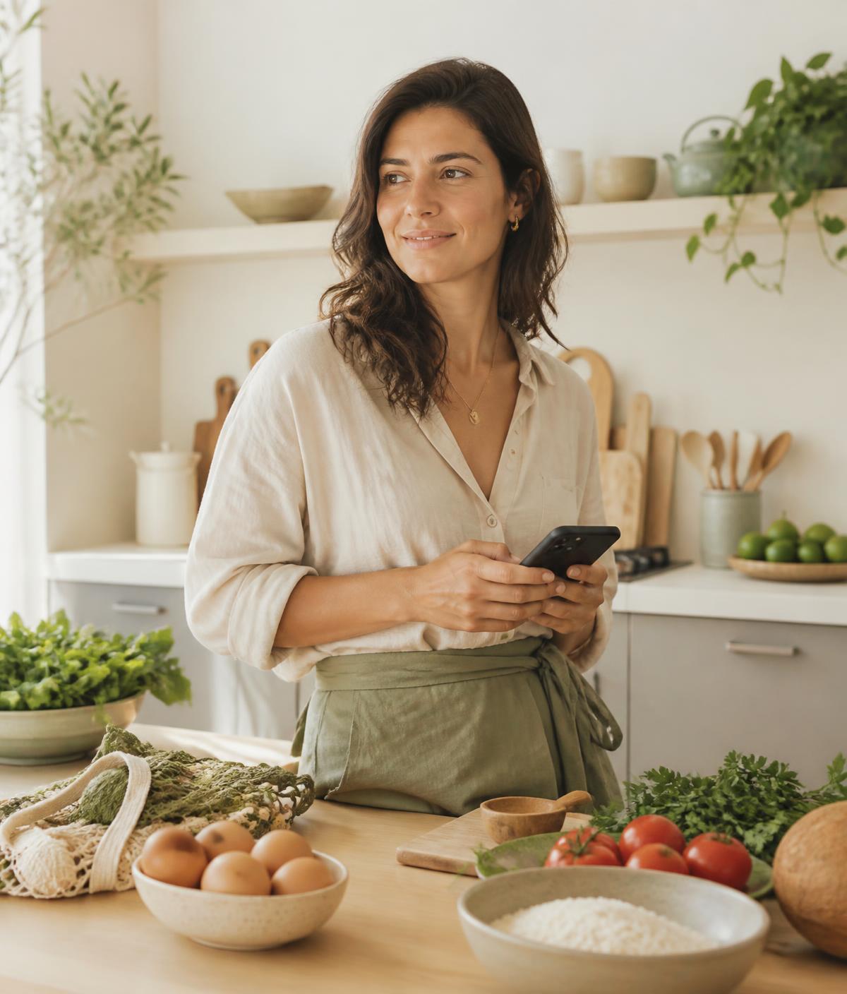 Mulher tranquila em uma cozinha clara com ingredientes simples sobre a bancada